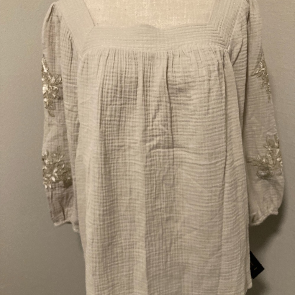JM Collection Cream Blouse with Embroidered Sleeves